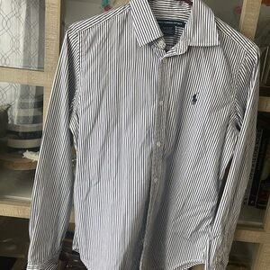 Ralph Lauren Women's Navy and White Striped Button Down Shirt